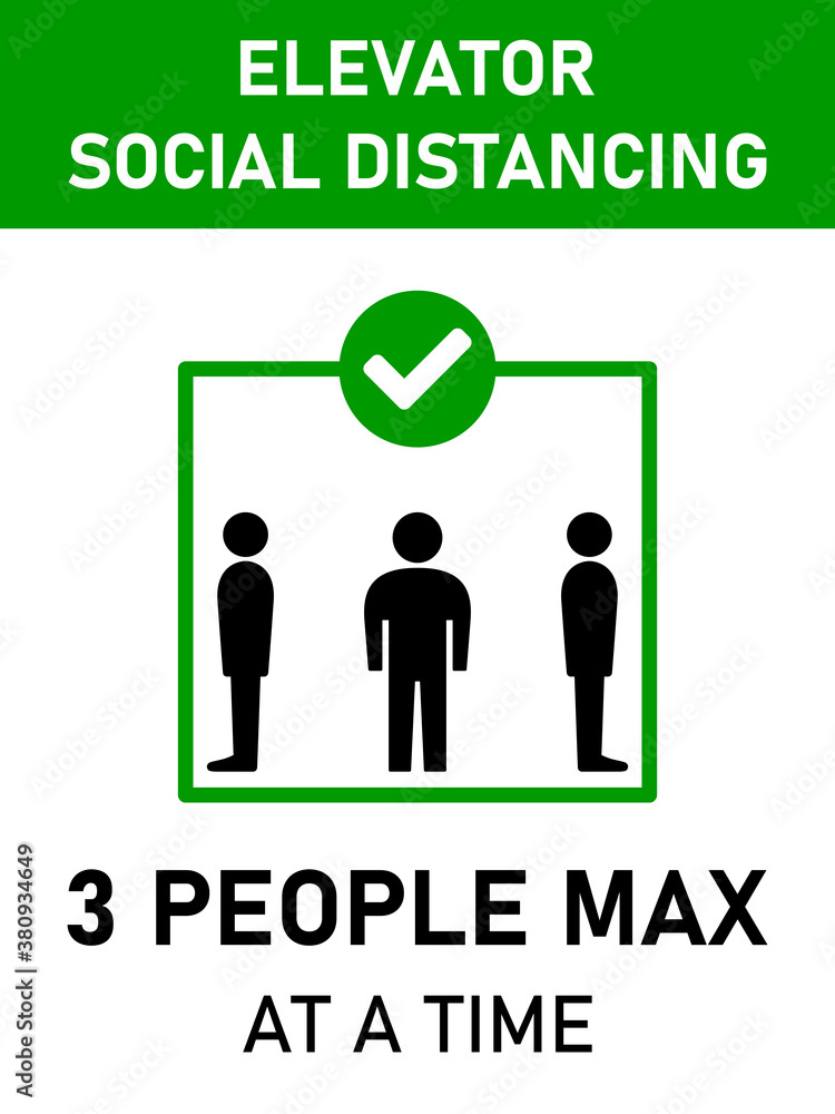 Poster elevator social distancing 3 people max at a time vertical warning sign with an aspect ratio of 3:4.