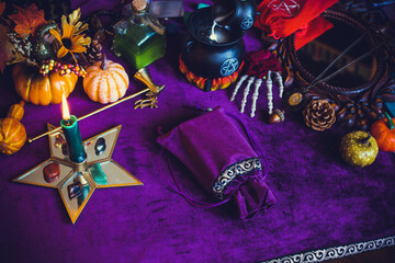 Magic scene, Mystical atmosphere, view of wicca the velvet table, esoteric concept, fortune telling...