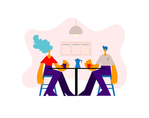Happy man and woman sitting at the table chatting with mocha coffee in restaurant. Friends, colleagues, business meeting concept illustration vector.