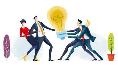 Digital illustration Group of business people fighting for the light bulb. Business concept, winning the bead