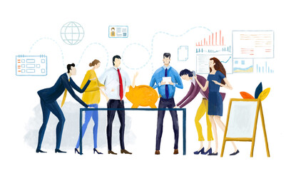 Digital illustration Big group of business people work in office, having a meeting, discussing the deal and business planning. Work together.  Business concept