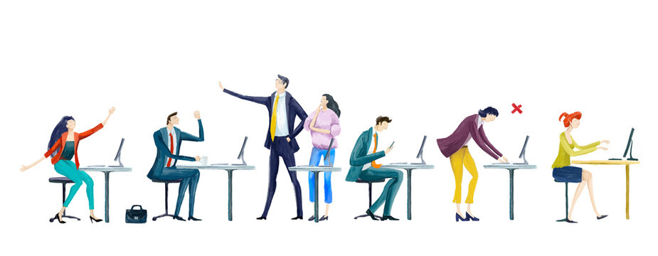 Digital illustration Big group of business people work in office, having a meeting, discussing the deal and business planning. Work together.  Business concept
