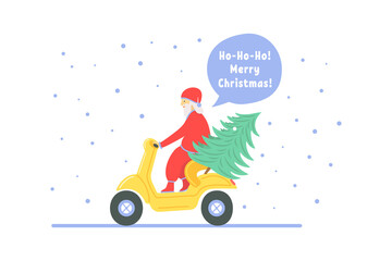 christmas card santa claus, scooter and tree