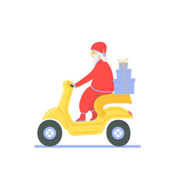 red santa, yellow scooter and blue gifts
