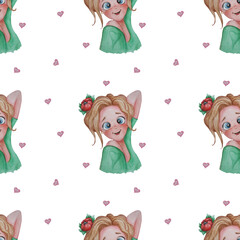 Seamless pattern. A cute, lovely sexy blonde girl with a scarlet flower in her hair on a white background with hearts. Watercolor. For festive design and decor. Hand drawing. High quality illustration
