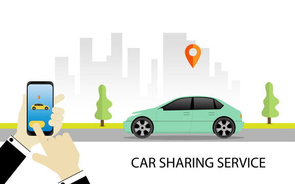 Vector Illustration of car sharing service or online transportation concept. People use smartphone to order online transportation car based on GPS. Modern Flat style design illustration 