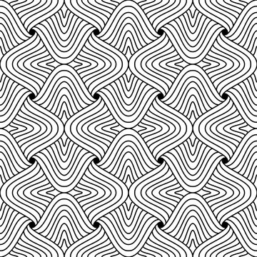 Seamless doodling pattern. Wavy geometric ornament texture. Abstract background. Grid with striped tiles. Dudle art for coloring book, simple Black and white design.