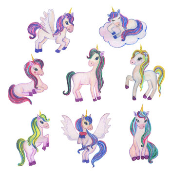 Watercolor painting set of cute unicors