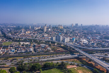 Fototapeta na wymiar Aerial view of Avenida Radial Leste with Basilica of Nossa Senhora da Penha in the background, Sao Paulo, Brazil