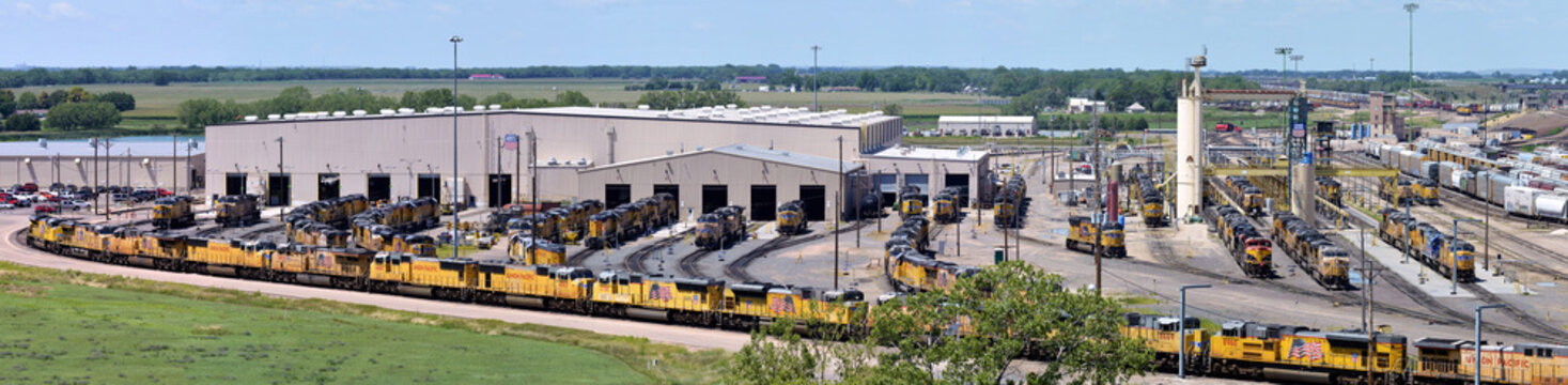 NORTH PLATTE, NEBRASKA - AUGUST 1, 2020: Union Pacific Railroad locomotives being serviced at the Bailey Yard facility.