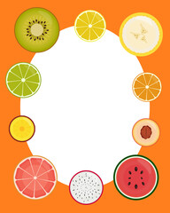 Frame with fruit slices and space for text or photos. Fruit. Healthy vegetarian food and healthy lifestyle