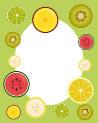 Frame with fruit slices. Frame with space for text. Fruit, lemon, kiwi, banana, watermelon, pineapple, lime. Healthy vegetarian food and healthy lifestyle