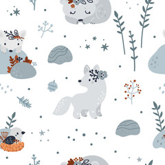 Naklejka premium Seamless pattern with cute baby animals: bear, bird in the nest, wolf, arctic fox. Childish pattern with forest animals in scandinavian style. Ideal for kids apparel, wrapping paper, wallpaper