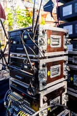 Boxes for equipment. Preparation for a concert. Portable equipment for concert. Closeup.