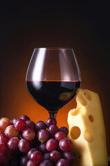 wine cheese grapes glass on dark background