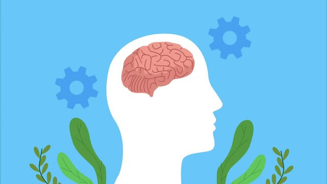mental health animation with profile silhouette and brain and gears
