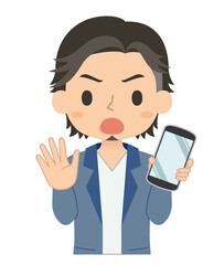 NOサインでスマホを持つ男性　イラスト