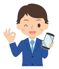 OKサインでスマホを持つ男性　イラスト