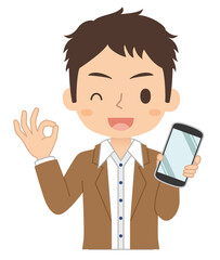 OKサインでスマホを持つ男性　イラスト