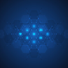 Healthcare and technology concept with flat icons and symbols. Template design for health care business, innovation medicine, science background, medical research.