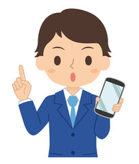 指差しポーズでスマホを持つ男性　イラスト
