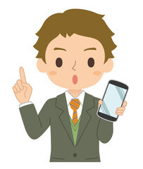 指差しポーズでスマホを持つ男性　イラスト