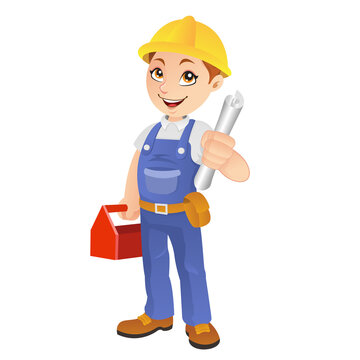 Construction worker holding a toolbox and working plan