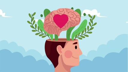 mental health animation with man profile and heart in brain