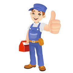 Handy man Mechanic showing a thumbs up gesture while holding his tool box