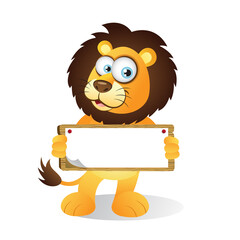 Cartoon Lion Holding a wooden board with both hands