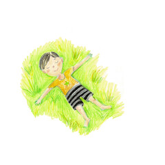 The child lies on the grass, illustration.
