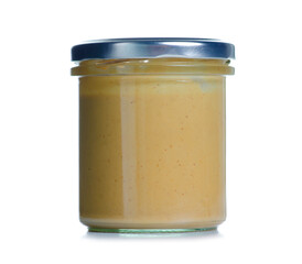 Jar with peanut paste on white background isolation