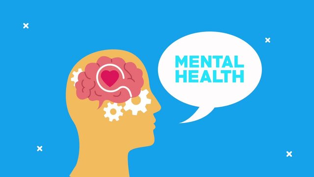 mental health animation with profile silhouette speaking and gears brain