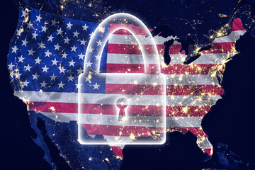padlock hologram against US night map background with flag overlay. The concept of security, restrictions on entry to the United States or restrictions Image elements courtesy of NASA. 3d illustration