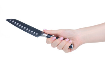 New kitchen knife in hand on white background isolation