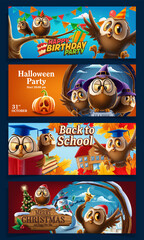 set of holiday celebration banners with lucky owls