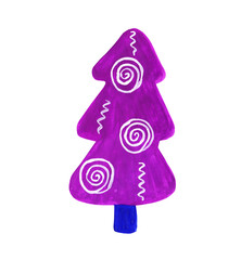 Christmas tree, cartoon magic tree with decorations. Different shapes. Blue, purple, white colors. Stripes, curles, dots. New Year. Hand drawn illustration.
