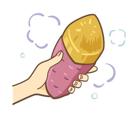 焼き芋を持っているイラスト（線画）
