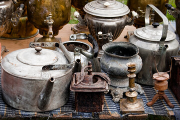 Fototapeta premium Old kitchen utensils on flea market