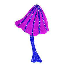 Christmas tree, cartoon magic tree with decorations. Different shapes. Mushroom. Jelly fish. Blue, purple, white colors. Stripes, curles, dots. New Year. Hand drawn illustration.

