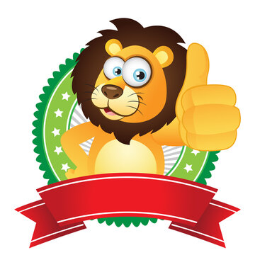 recommend clip art: Cartoon Lion thumbs up with badge label 