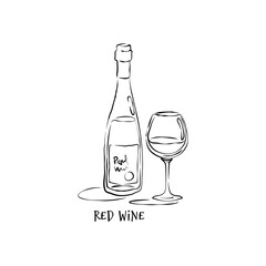 Bottle and glass red wine in hand drawn style. Restaurant illustration for celebration design. Retro sketch. Line art. Design element. Beverage outline icon. Isolated on white background