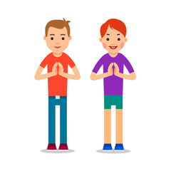 Young man and woman standing and makes greeting with his hands together to prevent transmission of viruses. Isolated illustration in flat style on white background. Namaste of european people