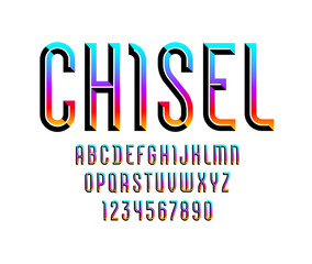 Colored bright font, modern alphabet from chiseled block, beveled Latin letters from A to Z and Arab numbers from 0 to 9 for you designs, vector illustration 10EPS