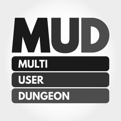 MUD - Multi User Dungeon acronym, technology concept background