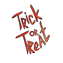 Halloween lettering trick or treat. Orange, red letters with black outline. Original way of writing.  Hand made calligraphy for holiday cards, design, decor and stickers.