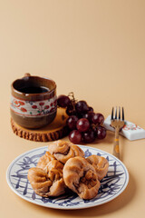 Eclair and coffee snacks. Copy space