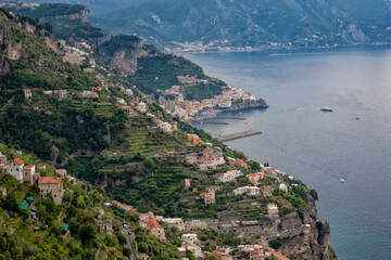 Looking down on the town of Amalfi on the Amalfi Coast, Campania, Italy