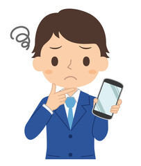 悩み顔でスマホを持つ男性　イラスト