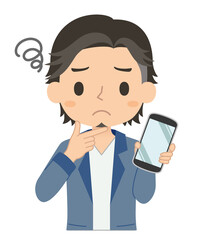 悩み顔でスマホを持つ男性　イラスト